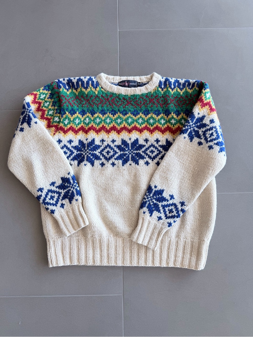 Ralph Lauren Hand Knit Fair-Isle Crewneck Sweater with Blue, Green & Red Accents